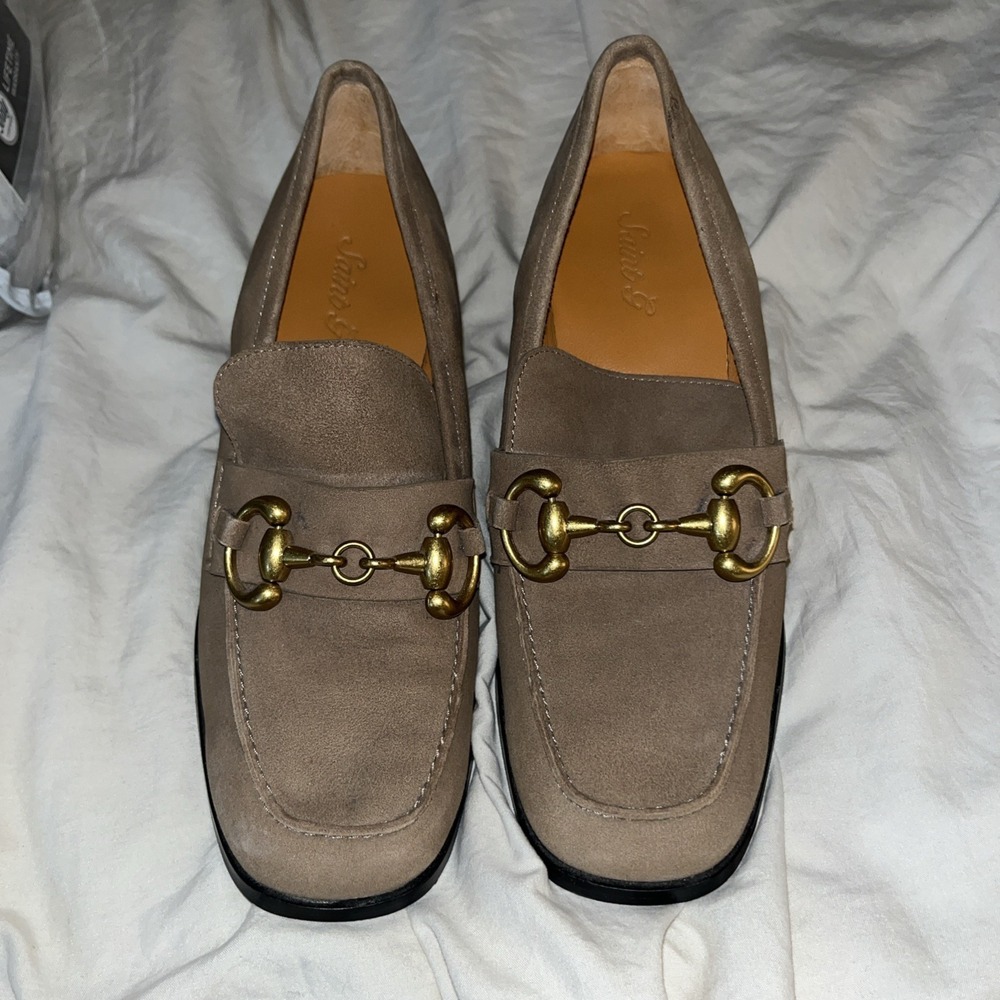 Saint G Leather  Sued  Jenny Loafers Block Heel,‎ Slip On, Sz  7 Tan